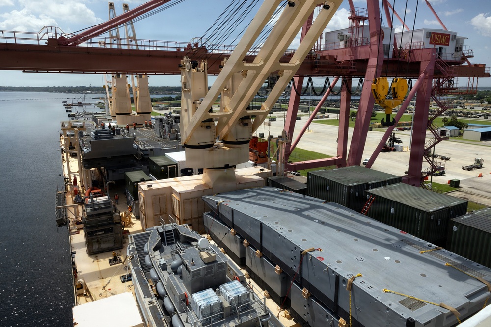 Cargo and logistics equipment being loaded aboard a ship at a waterfront terminal